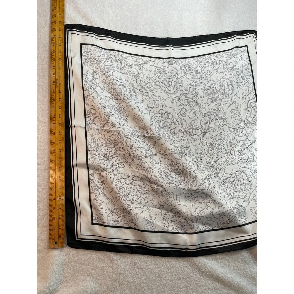 Black and White Peony Floral Square Scarf Line Art Print Striped Border 34x34